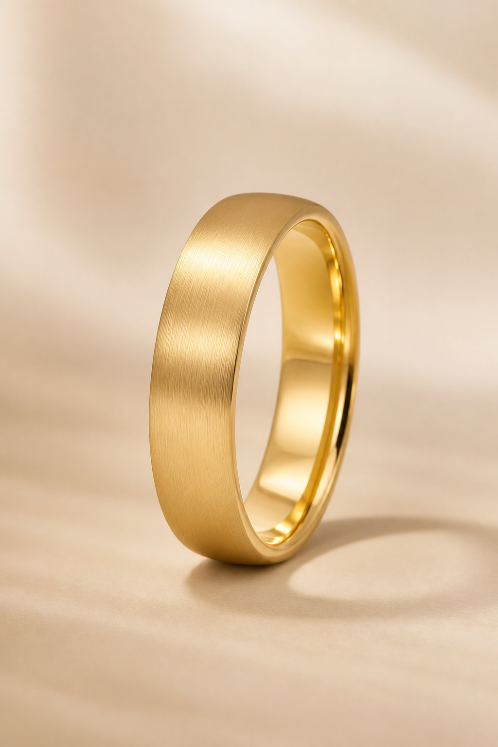 Bague de mariage en or satine sur fond studio beige